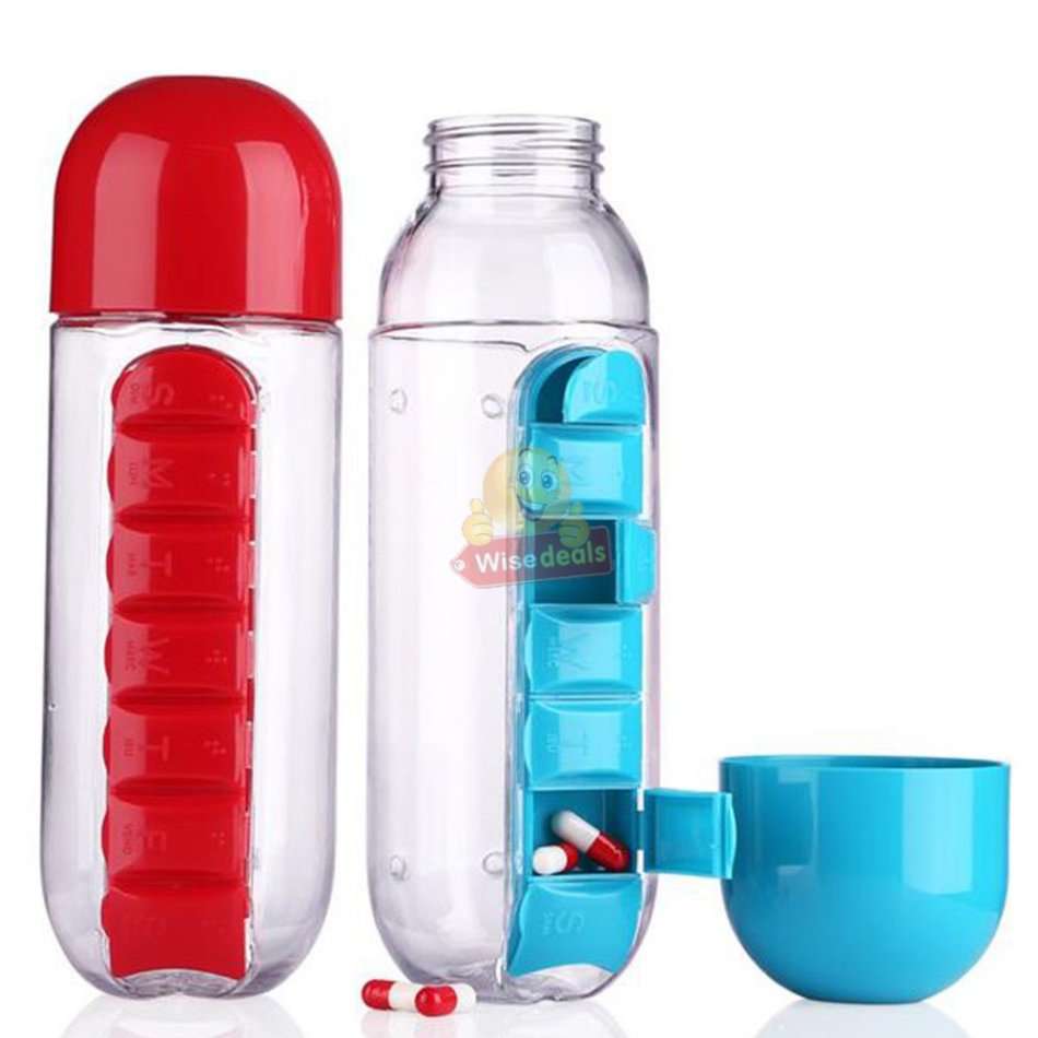 Water Bottle With Build-in Daily Pill Box Organizer  7 Compartments for each day of the week