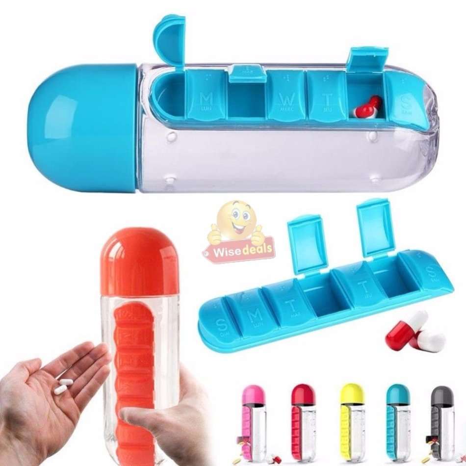 Water Bottle With Build-in Daily Pill Box Organizer  7 Compartments for each day of the week