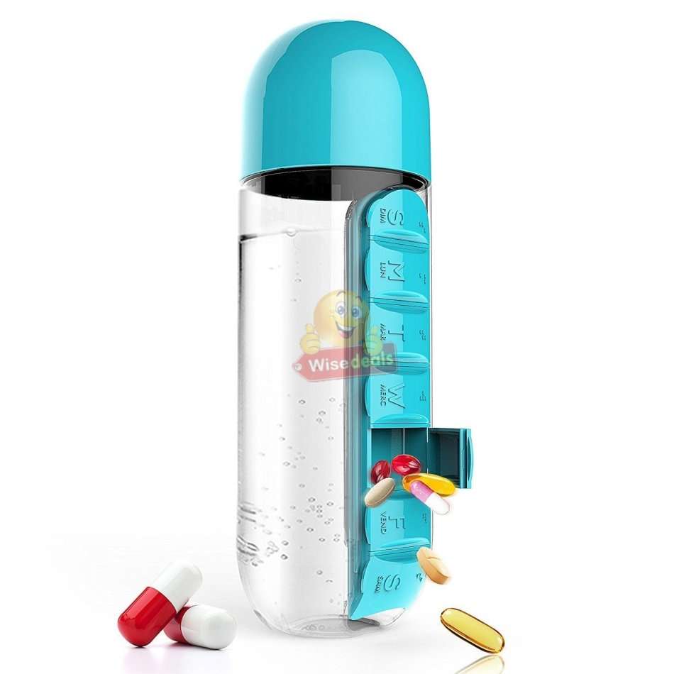 Water Bottle With Build-in Daily Pill Box Organizer  7 Compartments for each day of the week