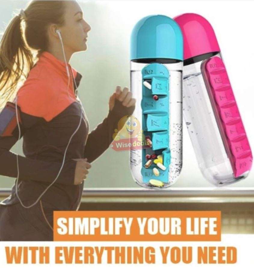 Water Bottle With Build-in Daily Pill Box Organizer  7 Compartments for each day of the week