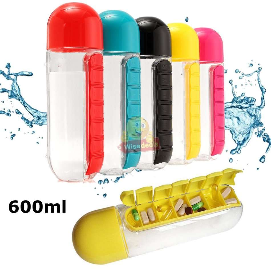 Water Bottle With Build-in Daily Pill Box Organizer  7 Compartments for each day of the week