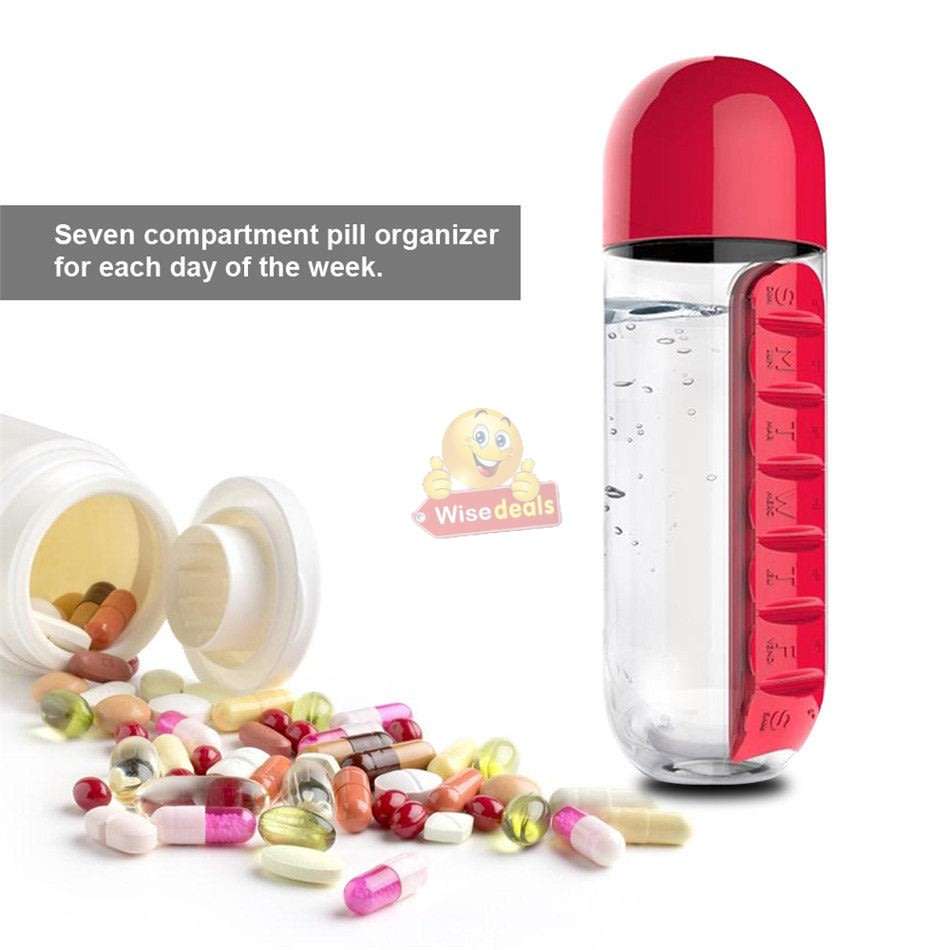 Water Bottle With Build-in Daily Pill Box Organizer  7 Compartments for each day of the week