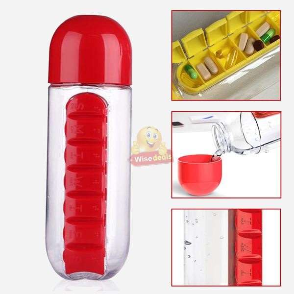 Water Bottle With Build-in Daily Pill Box Organizer  7 Compartments for each day of the week