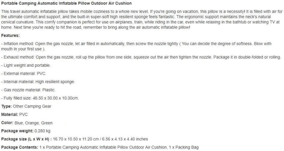 Ultralight & Comfortable Self Inflatable Pillow in a Bag - 3 Colours Available