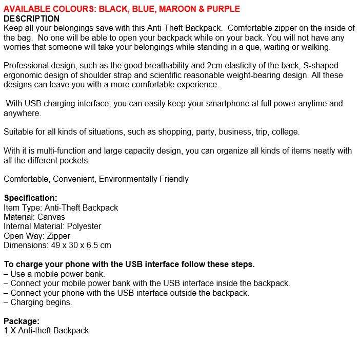 Anti-Theft Backpack with USB interface for mobile charging, zipper not visible for anyone to open