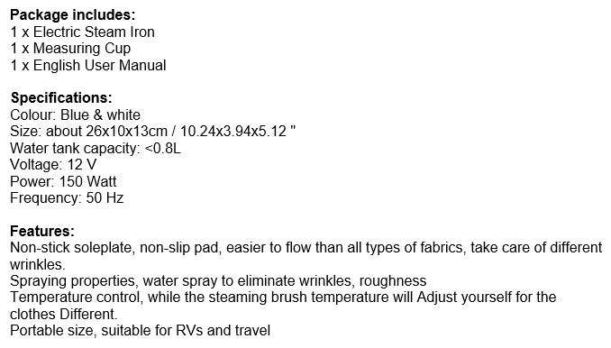 12V Non-Stick Electric STEAM IRON - Ideal For Camping or Power Outage