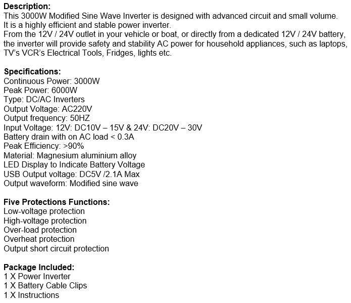3000W Solar Power Inverter  3000W Constant Power & 6000W Surge Power, Convert 12V DC to 220V AC