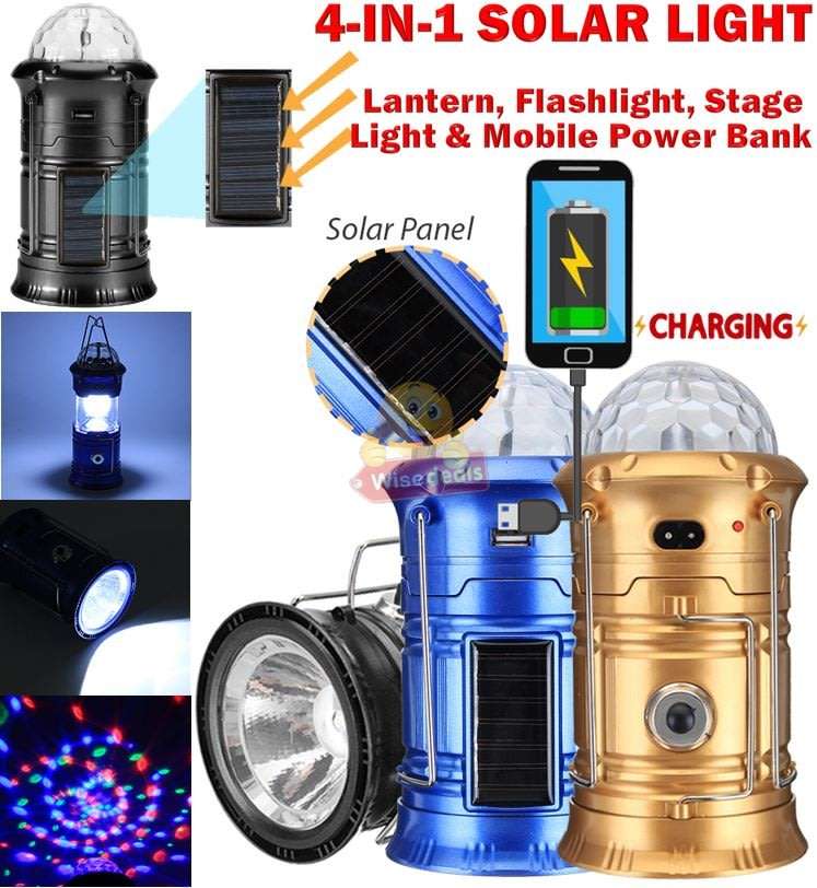 4-in-1 LED SOLAR Lantern, Flashlight, Stage Light & Power Bank with Build-in Rechargeable Battery