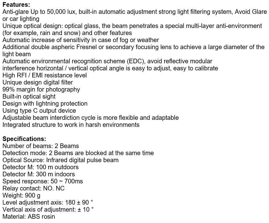 Infrared Alarm Intrusion Detector Twin Beam Sensor 100M Outdoor Perimeter Barrier