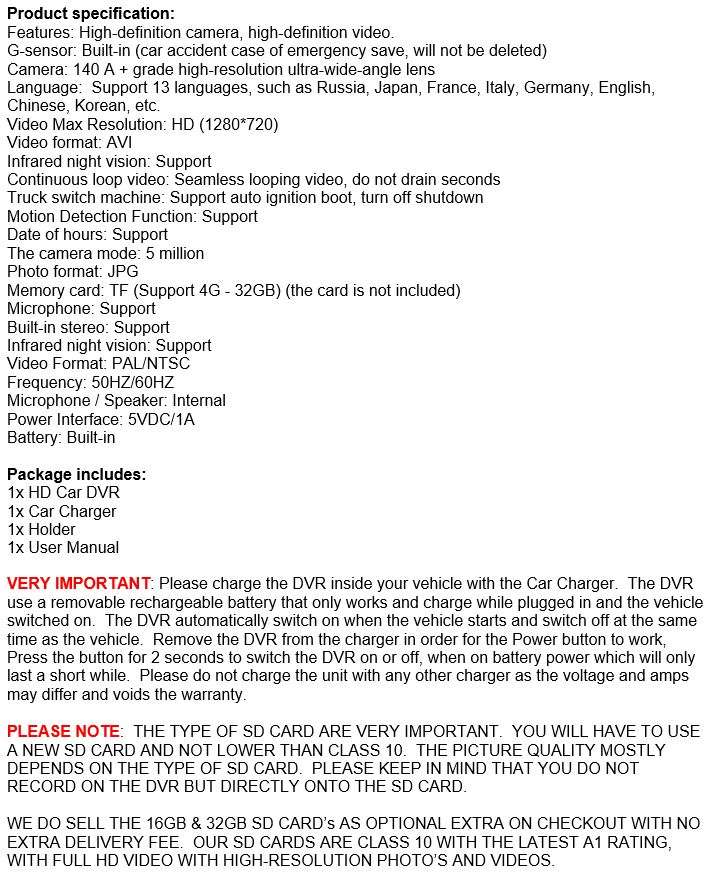 HD Car Camera & Recorder with G-Sensor, Loop Recording, Motion Detection etc.