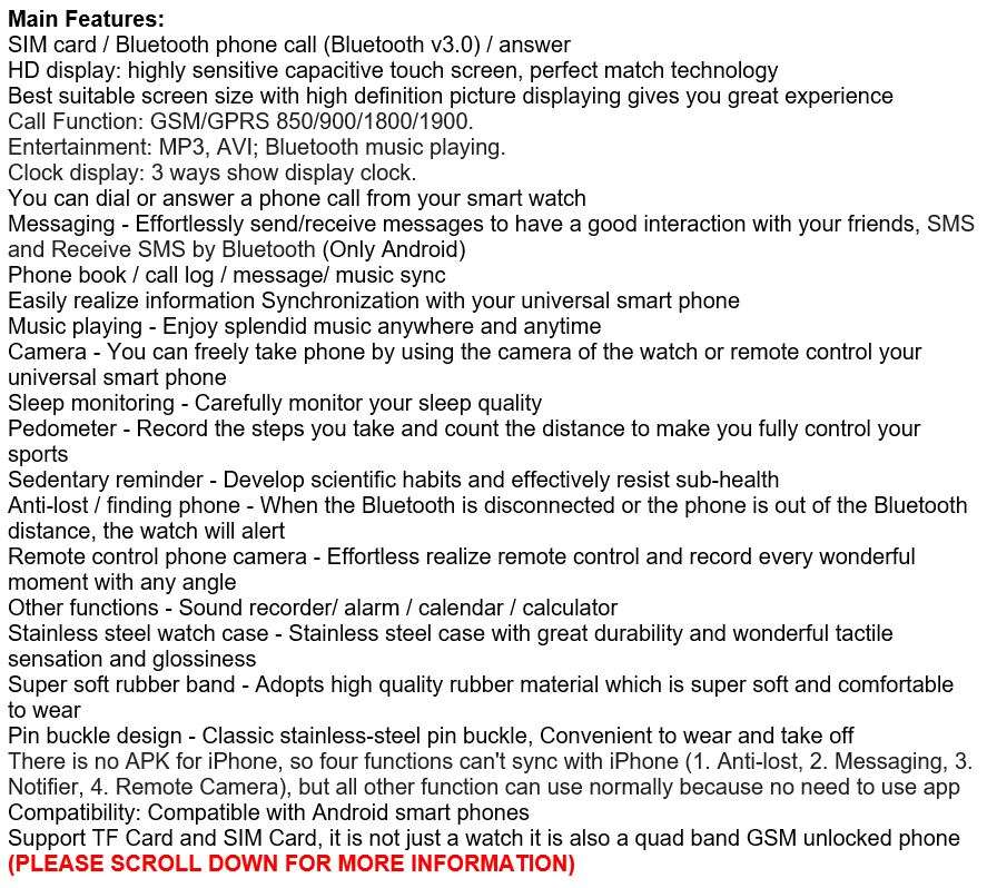 Military Quality Bluetooth Smart Watch with build-in Camera, Support SIM & SD Card, Pedometer & more