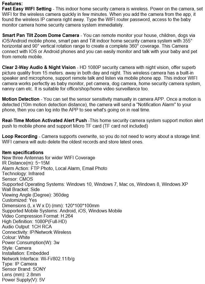 Three Antenna 1080P Wireless WIFI Surveillance IP Camera, Night Vision, Motion Detection etc.