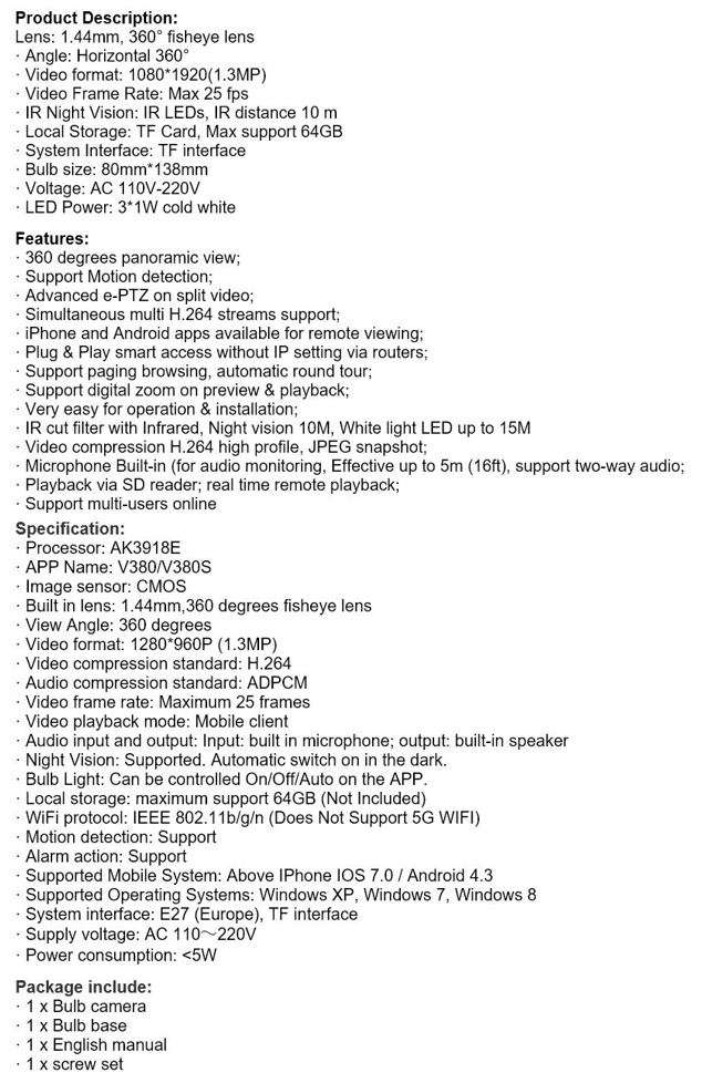 1080P WIFI Surveillance IP Bulb Light Camera, Night Vision, Motion Detection, Two-way Talk etc.