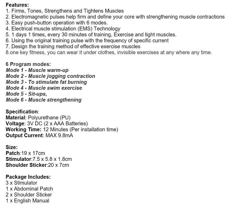 Home Gym - Wireless Electronic EMS 6 Pack Abs Muscle Simulator 6 Piece Kit with 5 modes