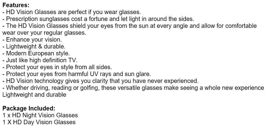 HD Vision Sunglasses, 1 pair for day and 1 pair for night - Fits Over Your Prescription Glasses