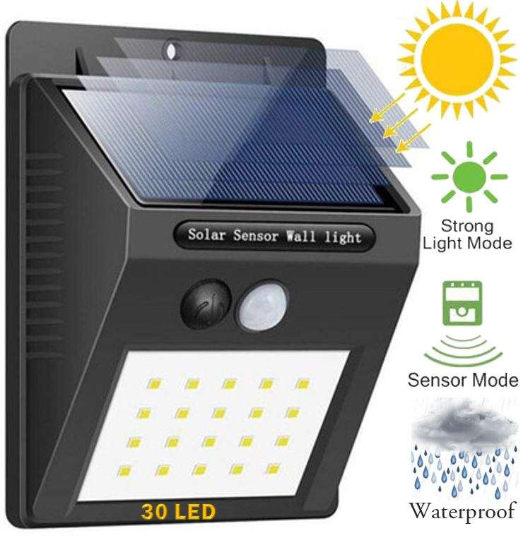 30 LED Solar Power Wall Light, PIR Motion Sensor, Waterproof, Night Sensor & Eco-friendly