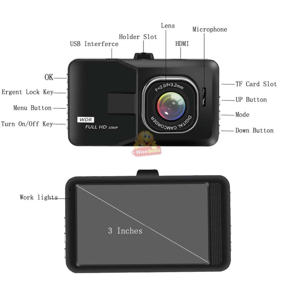 3 Inch HD Car Camera & Recorder with G-Sensor, Loop Recording, Motion Detection etc.