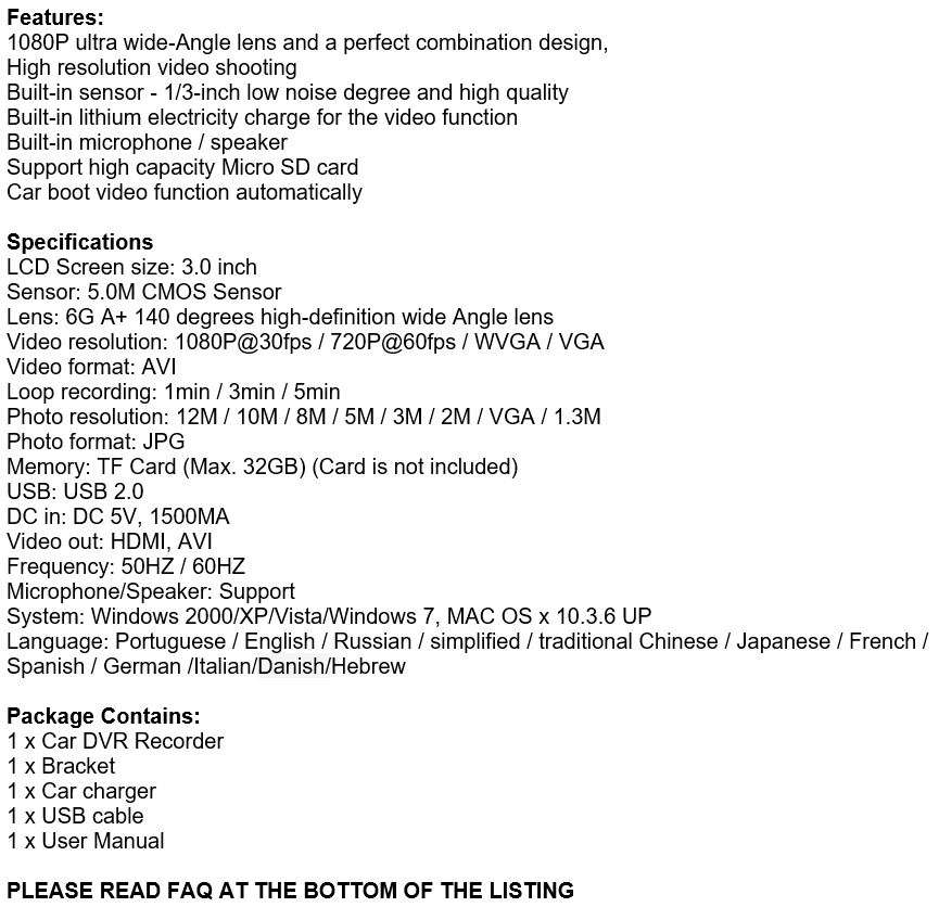 3 Inch HD Car Camera & Recorder with G-Sensor, Loop Recording, Motion Detection etc.