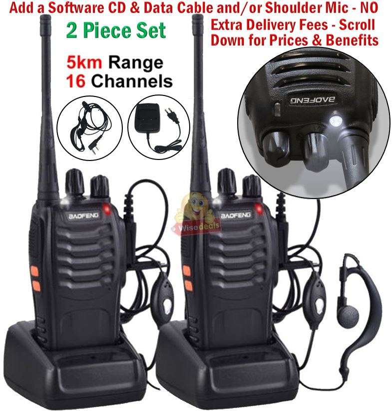 2 X Handheld Walkie Talkie Hand Radio Set with 16 Channels, 3 - 5 km talking range etc