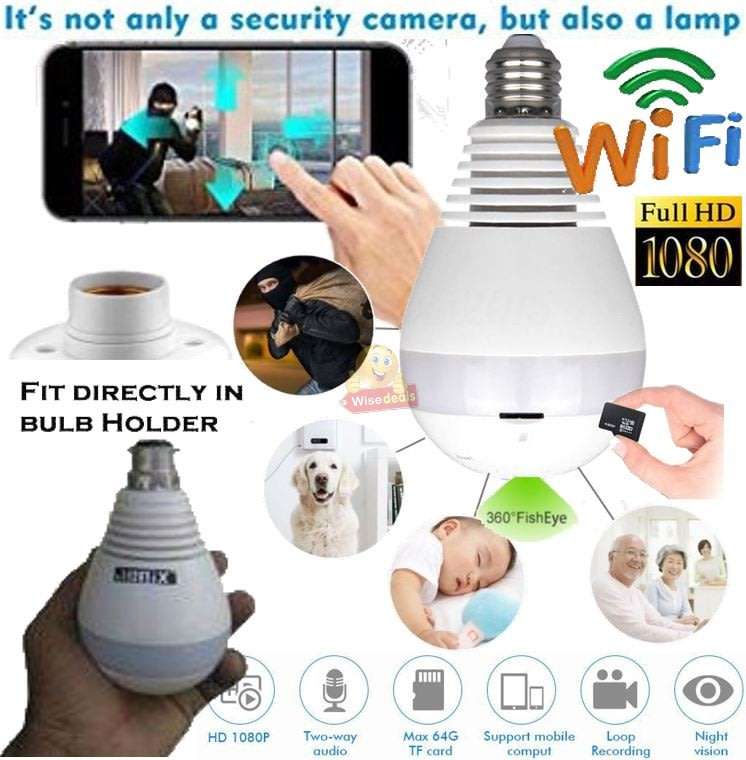 1080P WIFI Surveillance IP Bulb Light Camera, Night Vision, Motion Detection, Two-way Talk etc.