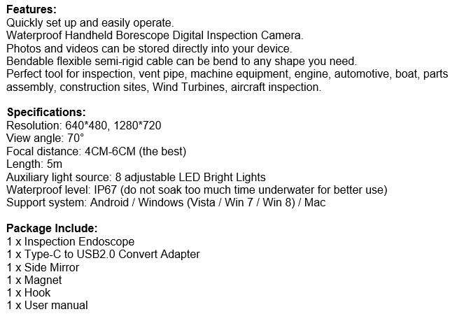 3-in-1 HD Type-C, Micro USB & PC Endoscope Camera & Video Camera  5 meters