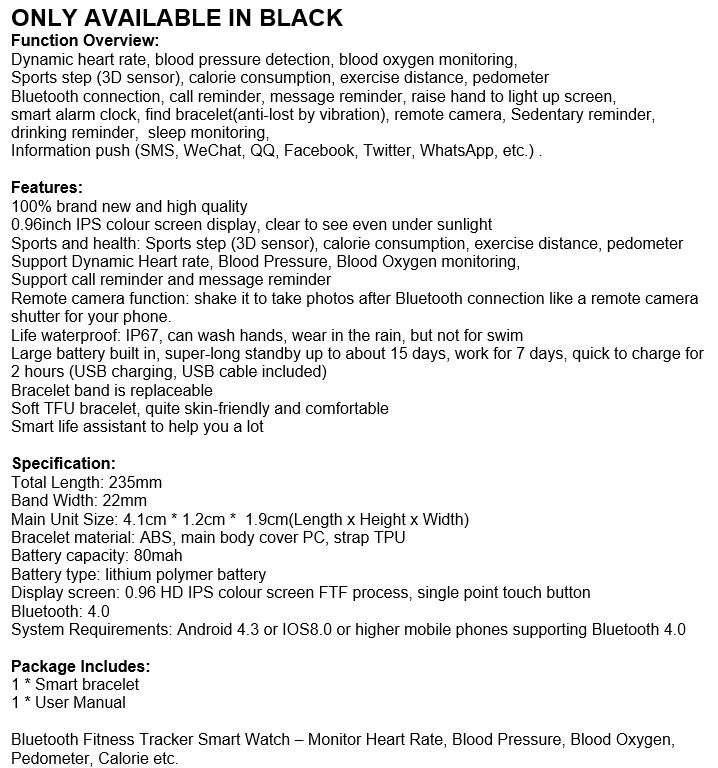 Bluetooth Health Smart Watch - Monitor Heart Rate, Blood Pressure, Blood Oxygen, Calorie, Distance