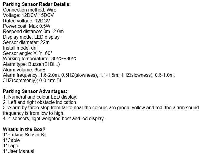 LED Display Radar Parking Sensor Kit - LED Display, Light Weighted Host & 4 Sensors