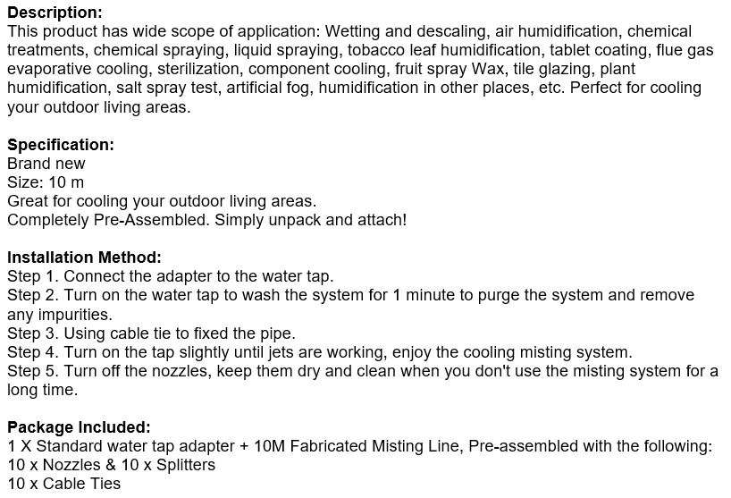 10m Pre-assembled Outdoor Misting System, Perfect for Cooling your Outdoor Living Areas