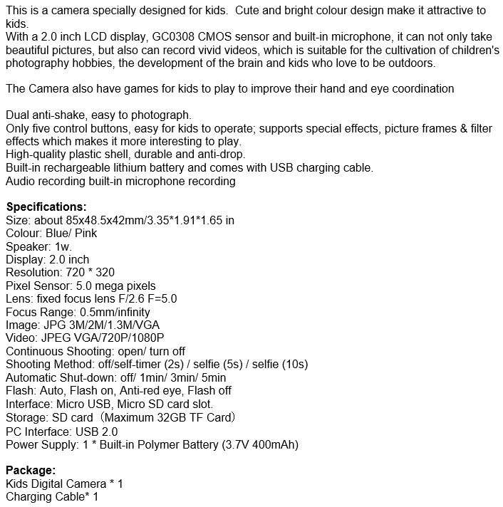 2" Kids Digital Camera  Take photos, Record Videos, Build in Microphone, Rechargeable etc