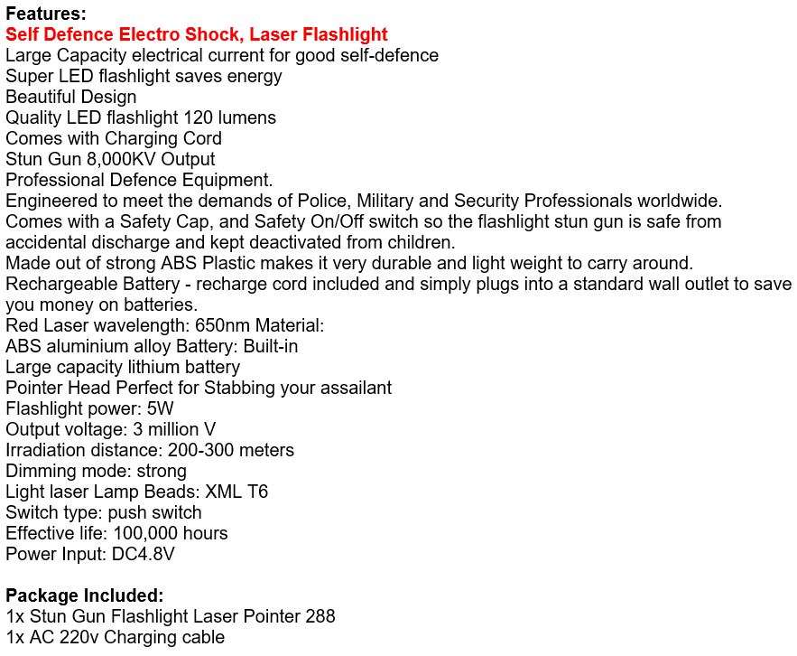 3-IN-1 High Power Laser Self Defense Electro Shock Stun Gun Flash Light with Rechargeable Battery