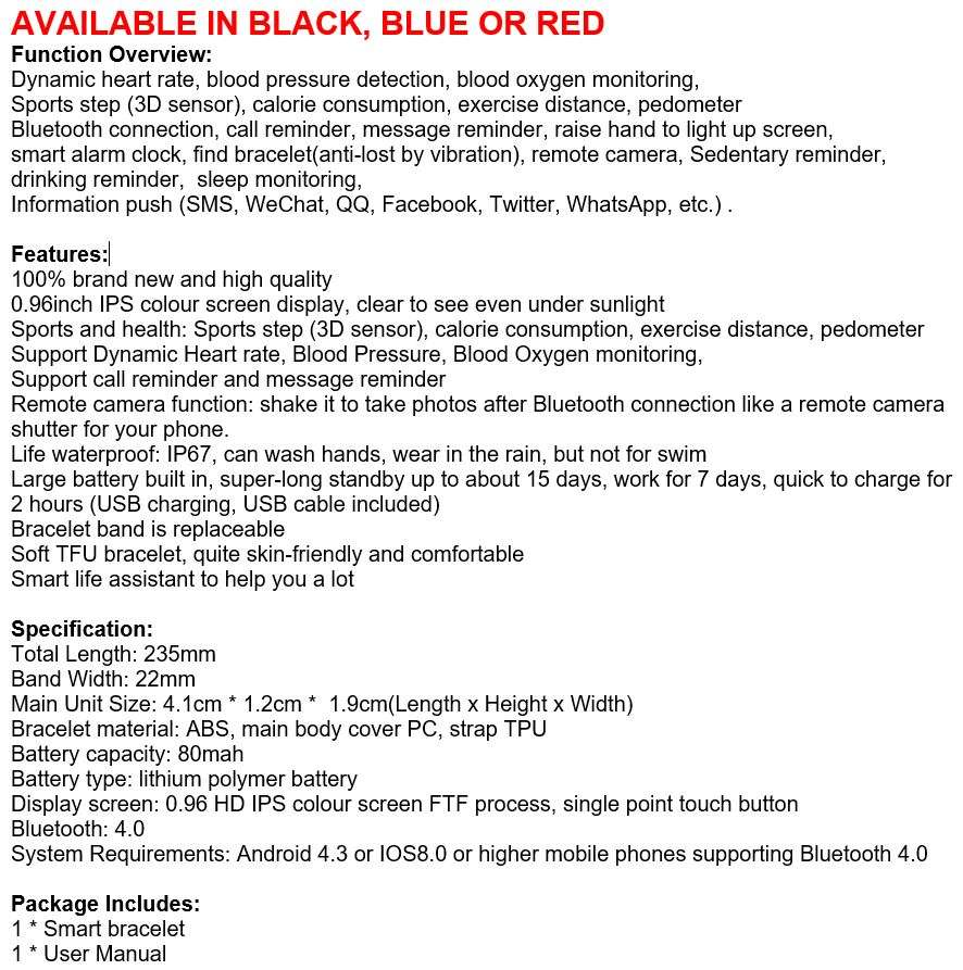 Bluetooth Health Smart Watch - Monitor Heart Rate, Blood Pressure, Blood Oxygen, Calorie, Distance