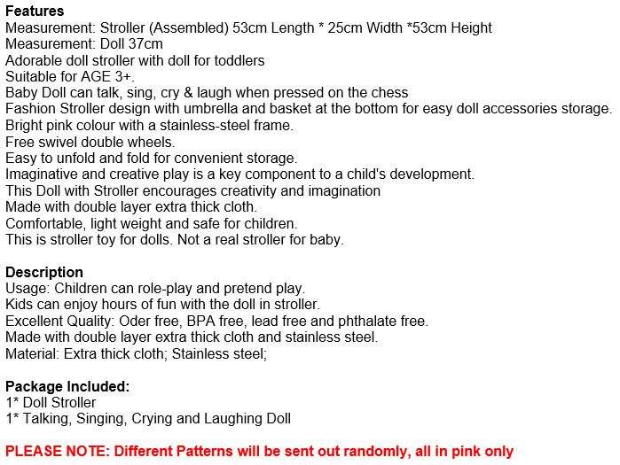 Talking, Singing, Crying & Laughing Baby Doll with Stroller for toddlers