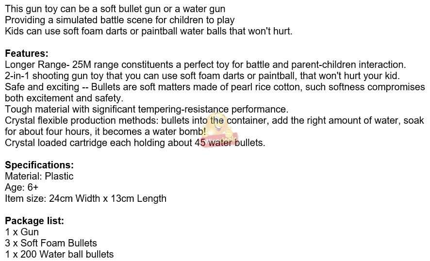 2-in-1 Super Gun, Comes with Soft Foam Bullets as well as 200 Paintball Water Ball Bullets
