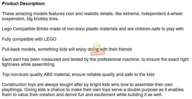 Build your own Lego Compatible Off-Road Cars with Pull Back Action  Different Models to Select From