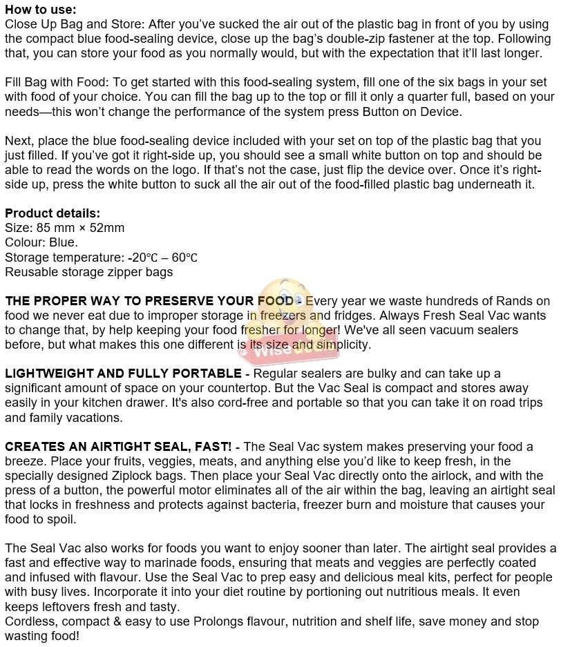 Always Fresh Seal Vac  Cordless, Compact, Easy to Use with Reusable Bags