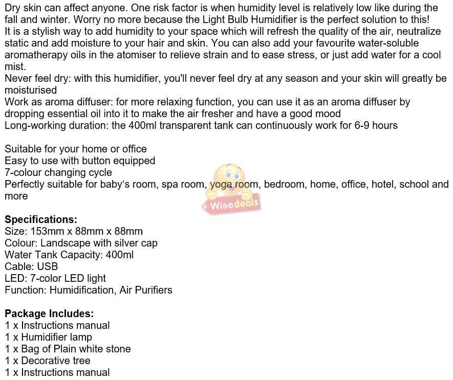 Humidifier & Purifier Bulb Light with 7 LED Colours and Landscape Accessories