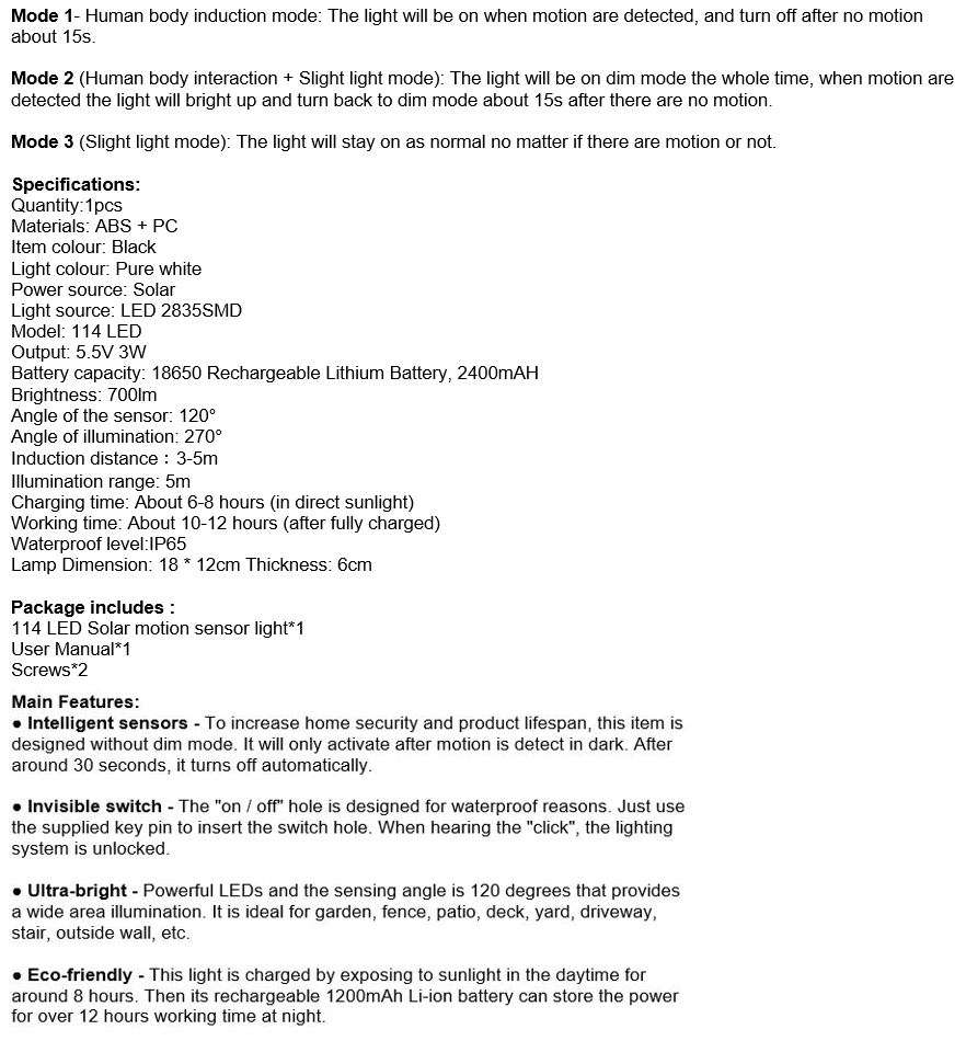 114 LED Super Bright Solar Wall Light, Motion Sensor with 3 Modes, Waterproof & Eco-friendly