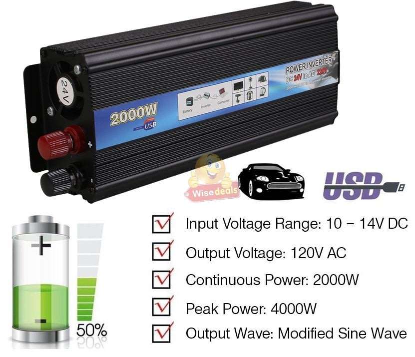 Solar Power Inverter - 2000W Constant Power & 4000W Surge Power, Convert 12V DC to 220V AC