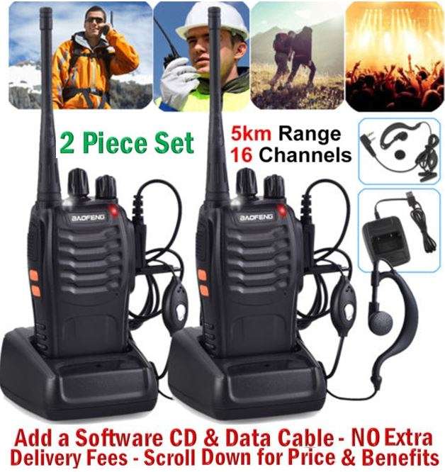 2 X Handheld Walkie Talkie Hand Radio Set with 16 Channels, 3 - 5 km talking range etc