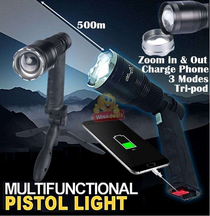 Super Far Distance 3500mAh LED Pistol Light, 3 Lighting Modes, USB Interface, Mobile Power Bank