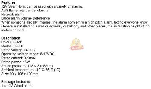 Super Loud 12V Siren Horn, Can be Used With a Variety of Alarms