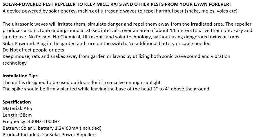 SOLAR Ultrasonic Pest Repeller to Keep Mice, Rats & other Pests From your Lawn Forever! Pet Friendly