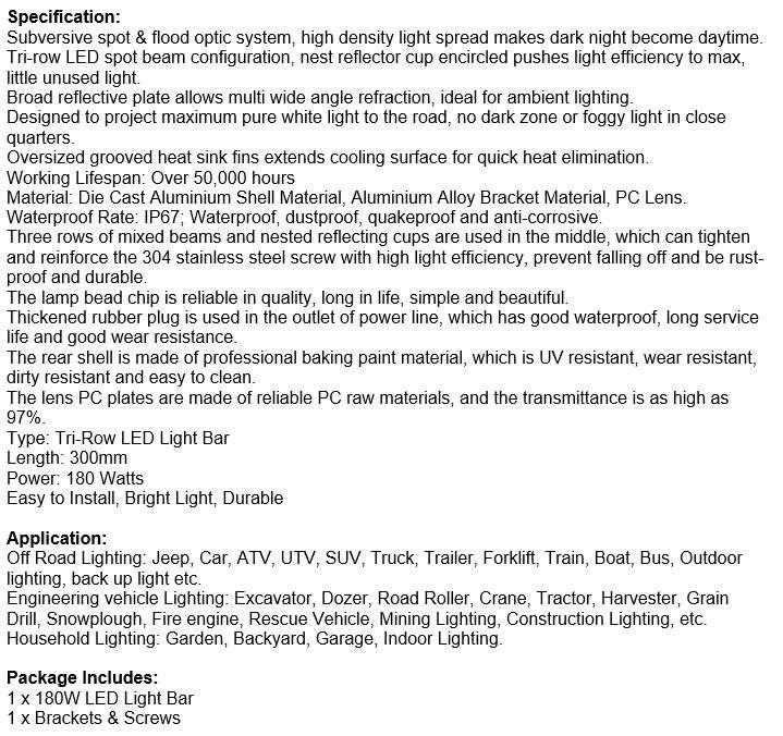 180W Tri-Row Super Bright LED Light Bar, Durable and Easy to Install