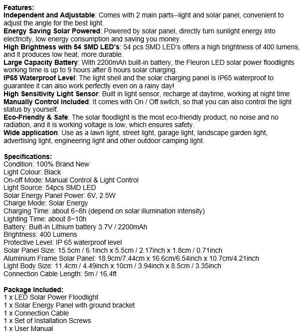 LED Solar Flood Light with 5 meter cable, Solar Panel, Bracket & Ground Stand, Day Night Sensor