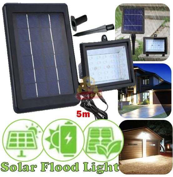 LED Solar Flood Light with 5 meter cable, Solar Panel, Bracket & Ground Stand, Day Night Sensor