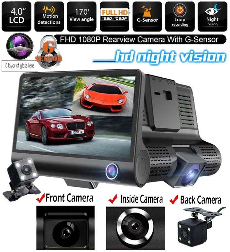 4 Inch IPS 1080P HD Night Vision DVR with Front, Inside & Rear Camera, 170° Wide-angle,G-Sensor