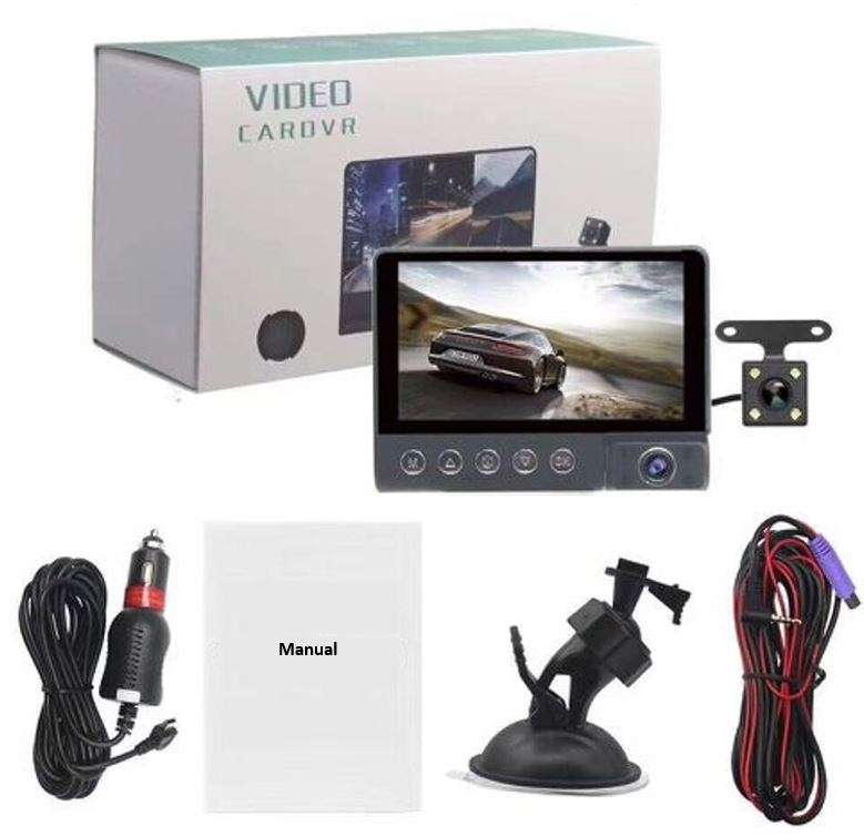 4 Inch IPS 1080P HD Night Vision DVR with Front, Inside & Rear Camera, 170° Wide-angle,G-Sensor