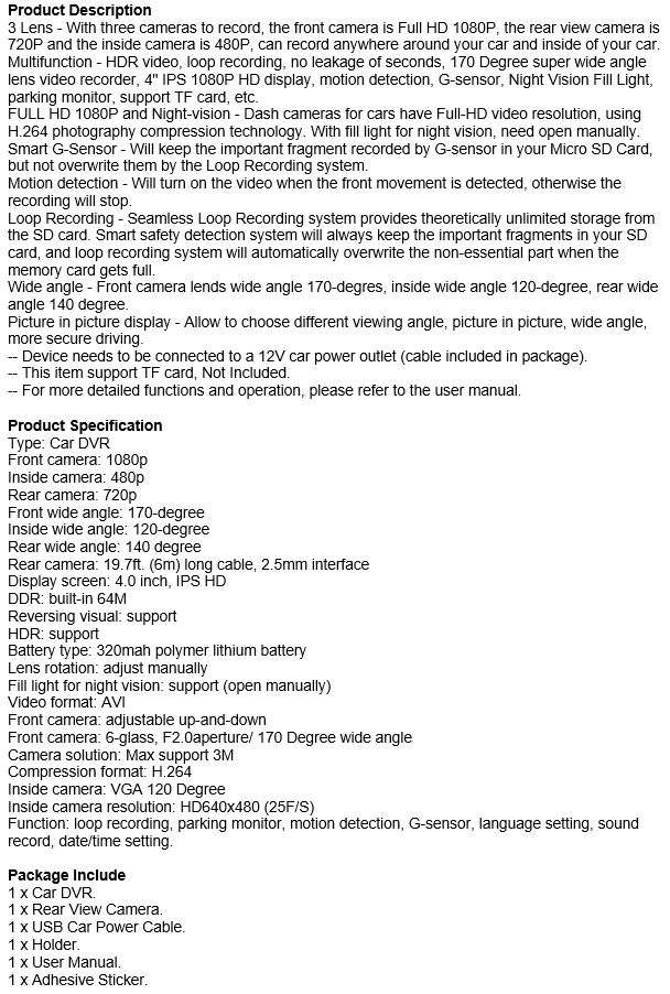 4 Inch IPS 1080P HD Night Vision DVR with Front, Inside & Rear Camera, 170° Wide-angle,G-Sensor