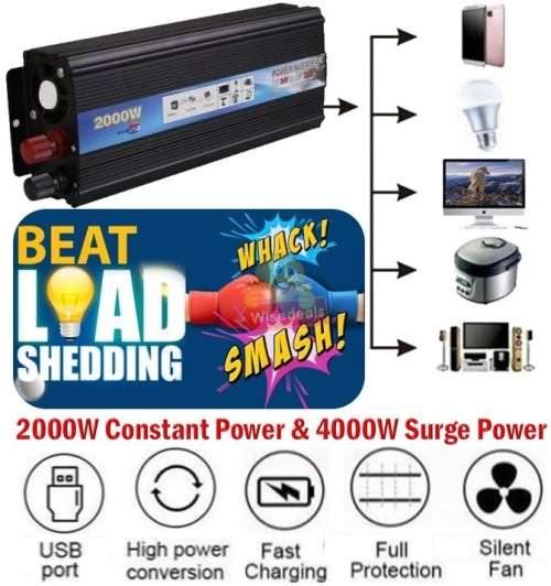 Solar Power Inverter - 2000W Constant Power & 4000W Surge Power, Convert 12V DC to 220V AC