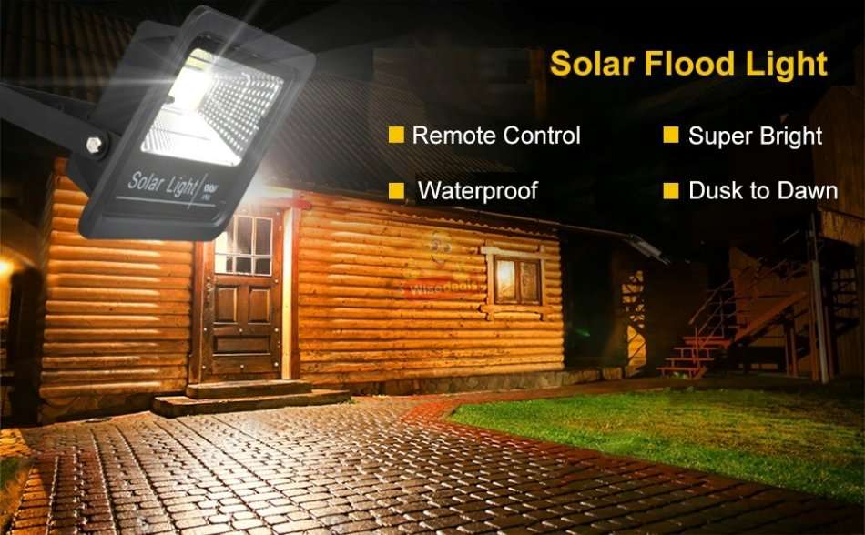 60W LED SOLAR Flood Light with Remote Control, Solar Panel, Waterproof & 1350 Lumens
